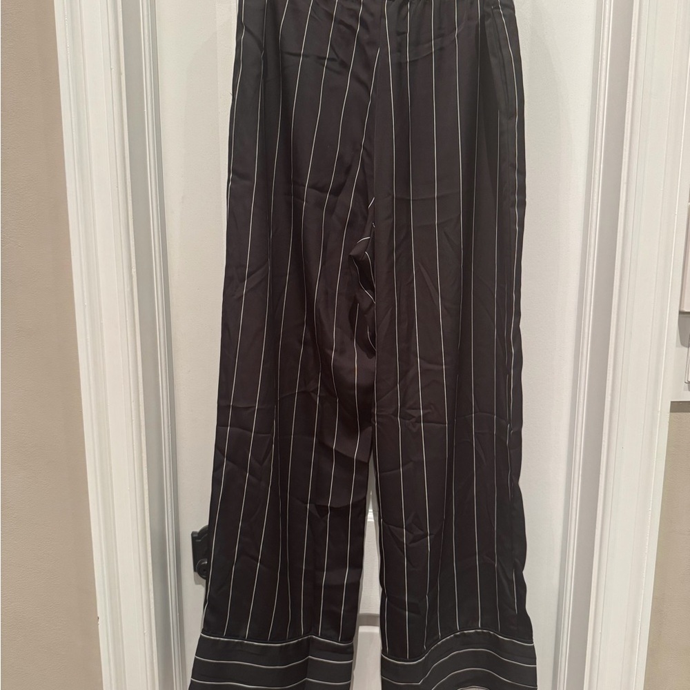 H&M Black Satin Pinstripe Wide Leg Pants Elastic Waist Size M